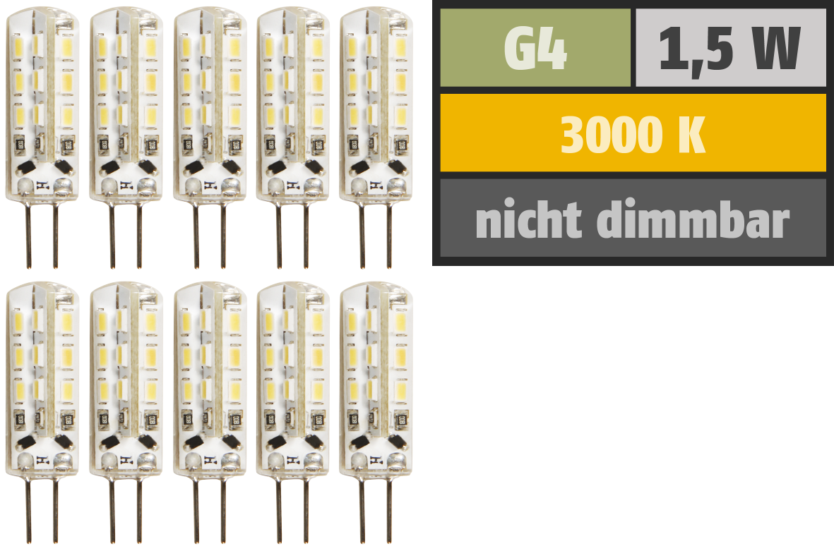 LED-Stiftsockellampe LEDeco Silicia, G4, 1,5W, 120lm, warmweiß, 10er-Pack